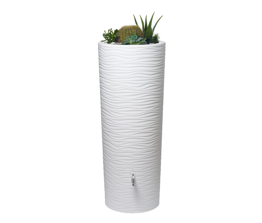Weißes Garantia 2-in-1-Regentonne-Komplett-Set, ca. 350 l, arctic, mit Wellenmuster und Pflanzen oben.