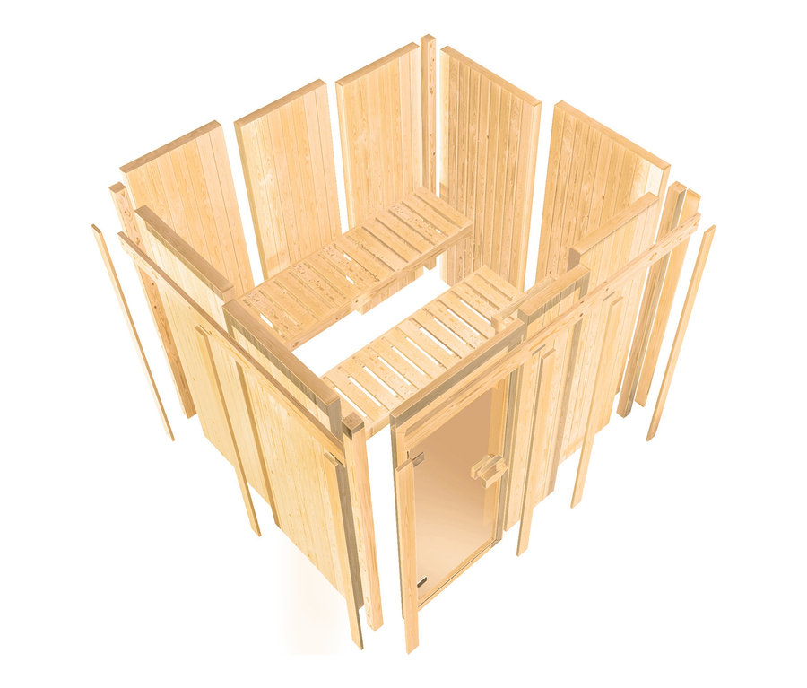 Unfertige Holzsauna mit Bänken und Glastür.