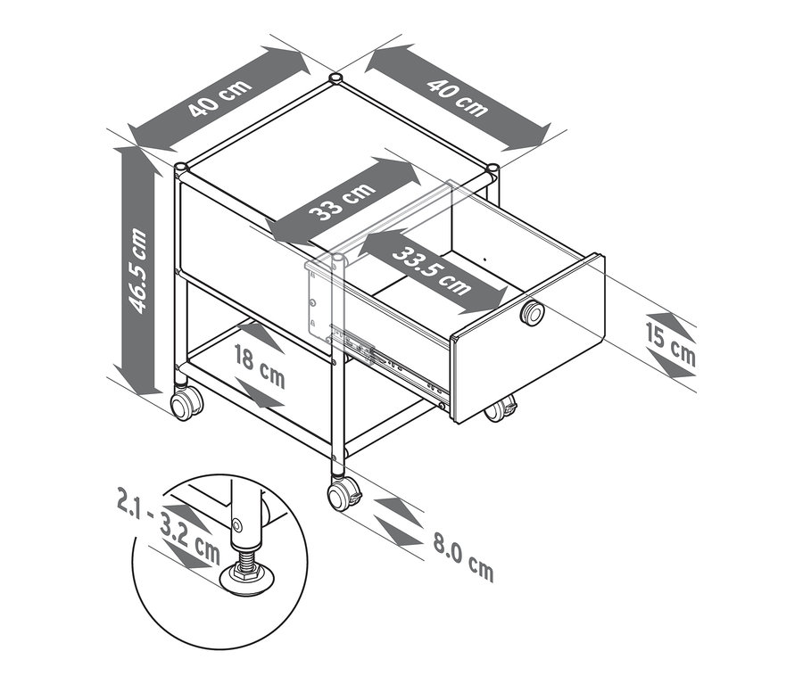 Illustration eines Beistelltisches mit Schublade Metall »CN3« mit Abmessungen.