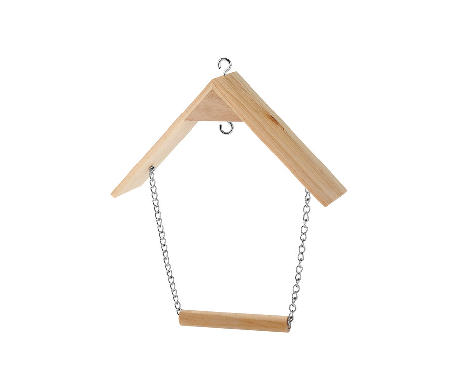 Detailaufnahme einer Vogelschaukel aus Naturholz mit silbernen Ketten.