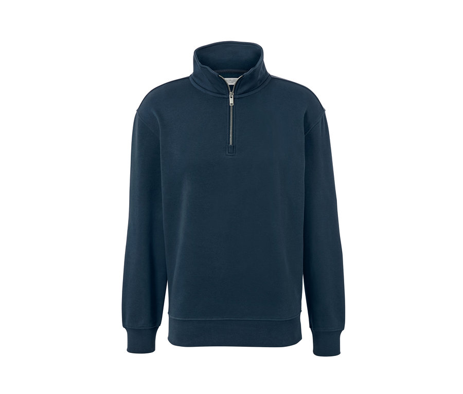 Dunkelblauer Sweat-Troyer mit kurzem Reißverschluss.