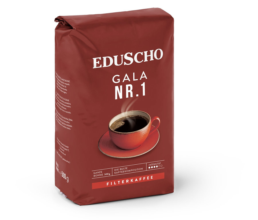 Braune Packung Eduscho Gala Nr. 1 mit Kaffeetasse.