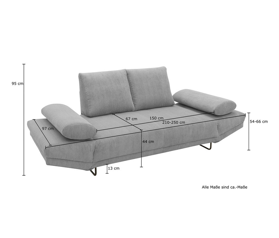 Maße des grauen DOMO collection Daybeds »Molde Leif55« werden mit Linien und Text dargestellt.