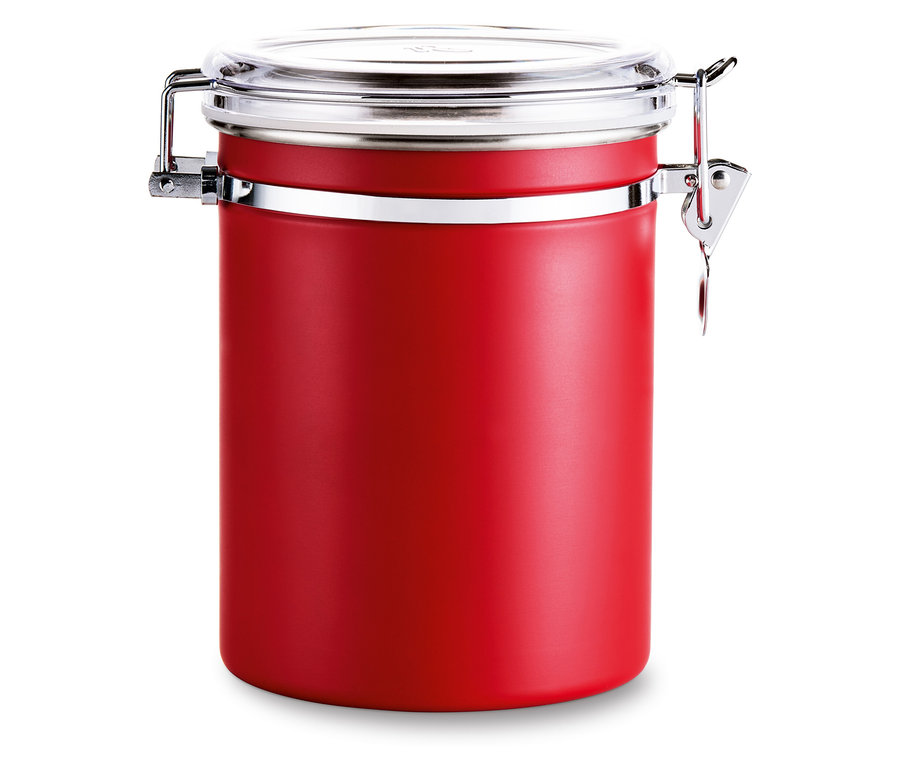 Eine rote Aromadose mit Metalldeckel.