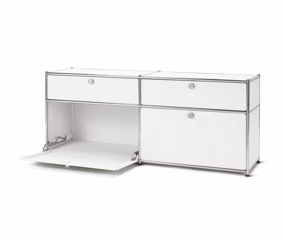 Weißes Sideboard »CN3« mit Schubladen und Klappen, eine Klappe ist geöffnet.