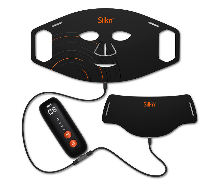 Silk'n Dual-LED-Set Gesichts- und Halsmaske, mit Kabel und Bedienelementen auf weißem Grund.