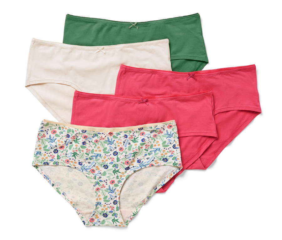 Fünf Pantys in verschiedenen Farben und Mustern.