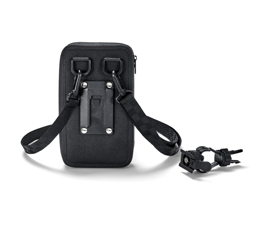 Eine schwarze 2-in-1-Smartphonetasche mit Gurt und Fahrradhalterung.