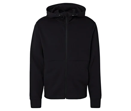 Schwarzer Kapuzenpullover mit Reißverschluss.
