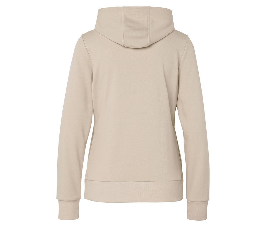 Rückansicht eines beigen Kapuzenpullovers.