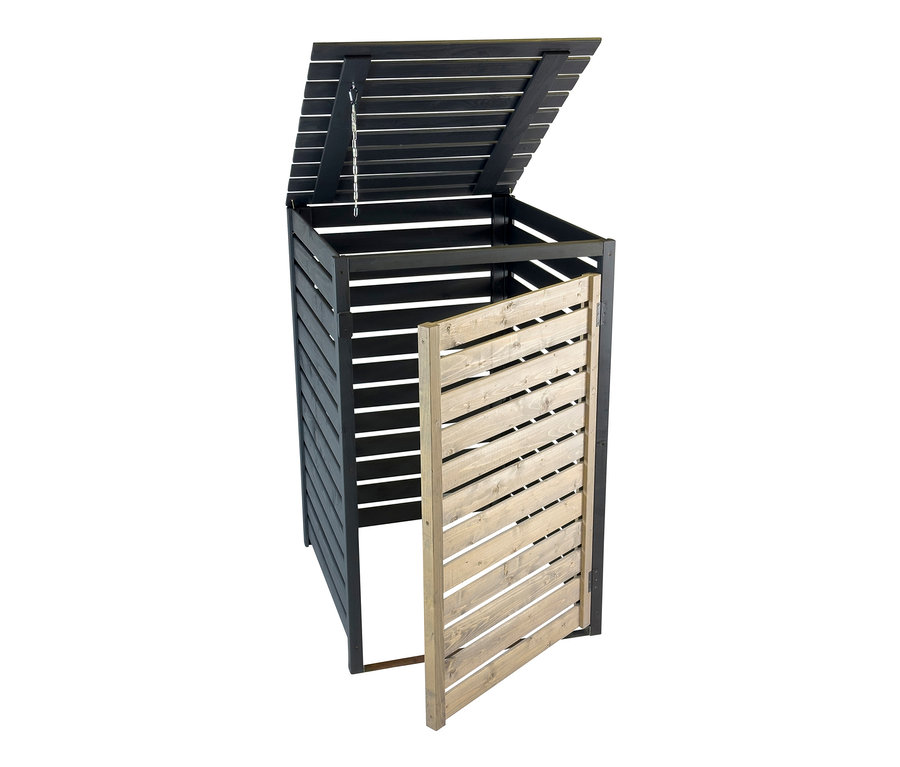 Geöffnete anthrazitfarbene Mülltonnenverkleidung (240 l) mit horizontalen Lamellen.