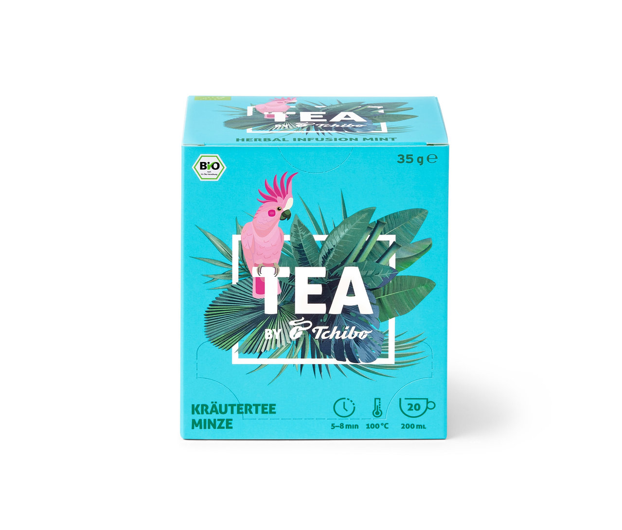 Packung TEA by Tchibo Bio Kräutertee Minze - 8x 20 Teebeutel, türkis Box mit Kakadu-Papagei und TEA Schriftzug.
