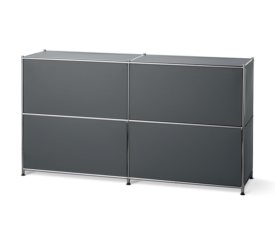 Graues Metall-Sideboard mit 2 versetzbaren Klappenfächern.