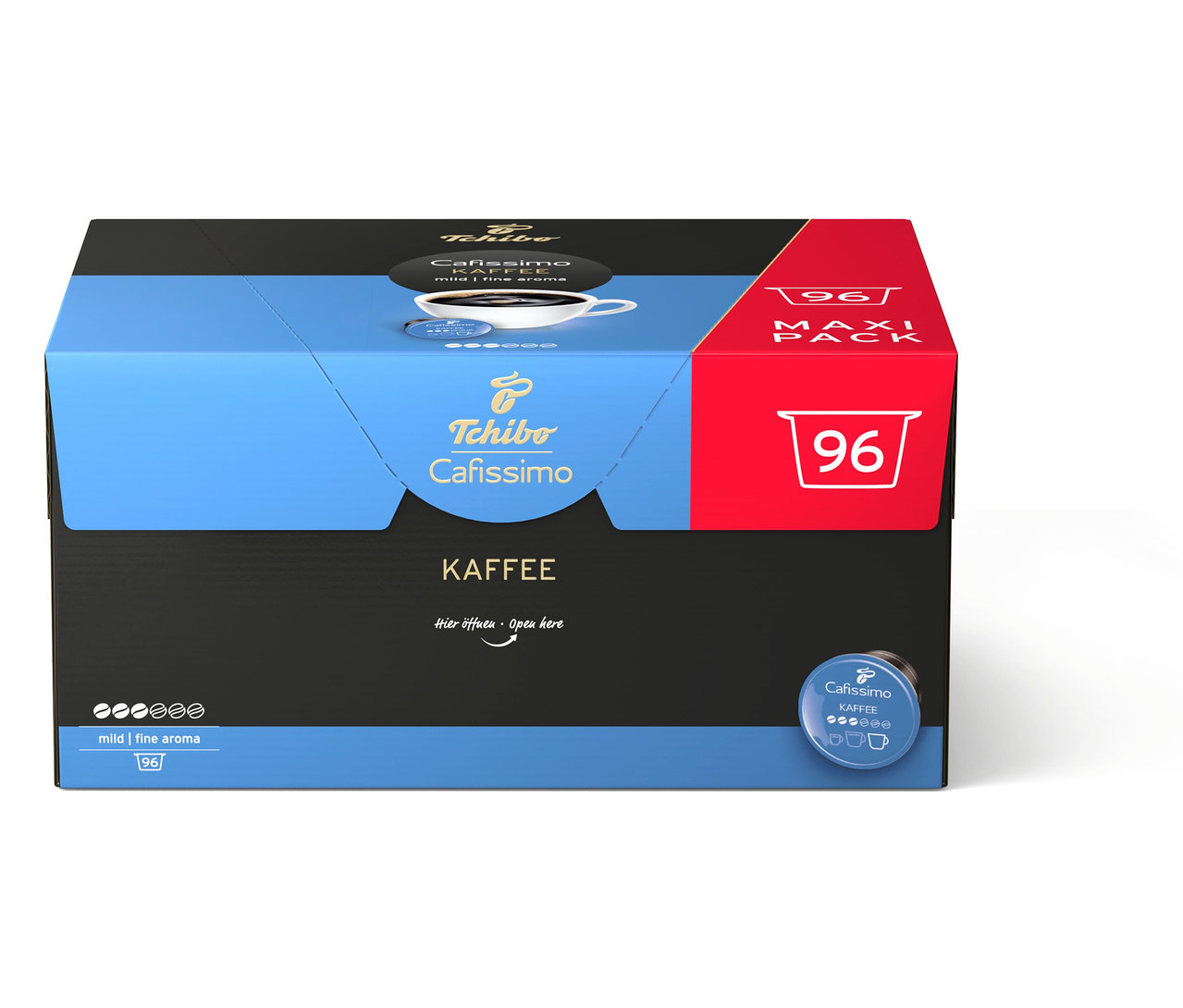 Eine Packung Cafissimo Kaffee mild - 96 Kapseln ist zu sehen.