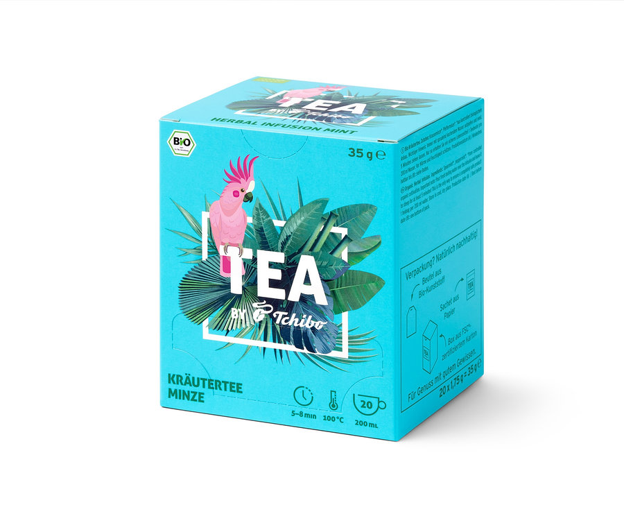 Packung TEA by Tchibo Bio Kräutertee Minze - 8x 20 Teebeutel auf hellem Hintergrund.
