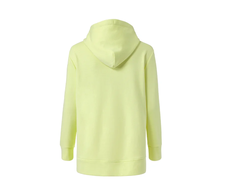 Rückansicht eines zitronengelben Kapuzen-Sweatpullovers.