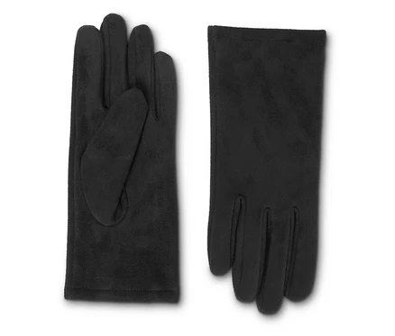 Zwei schwarze Handschuhe in Velourslederoptik liegen nebeneinander.