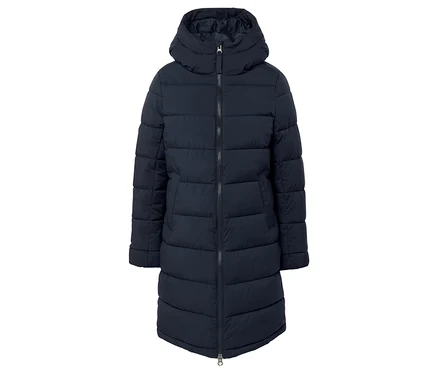 Dunkelblaue, lange Steppjacke mit Kapuze und Reißverschluss.