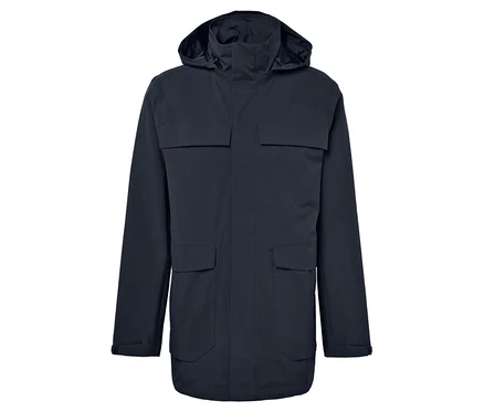 Dunkelblaue Jacke mit Kapuze und Taschen.