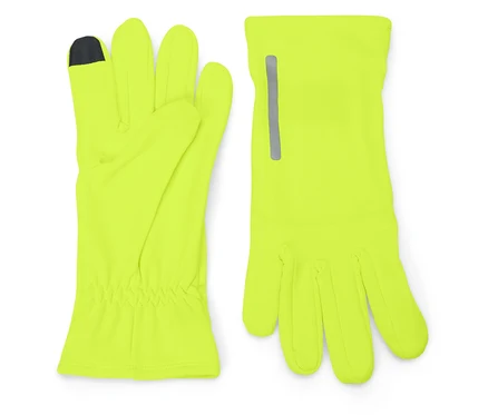 Zwei neongelbe Handschuhe, einer aufgespreizt und der andere zusammengelegt.