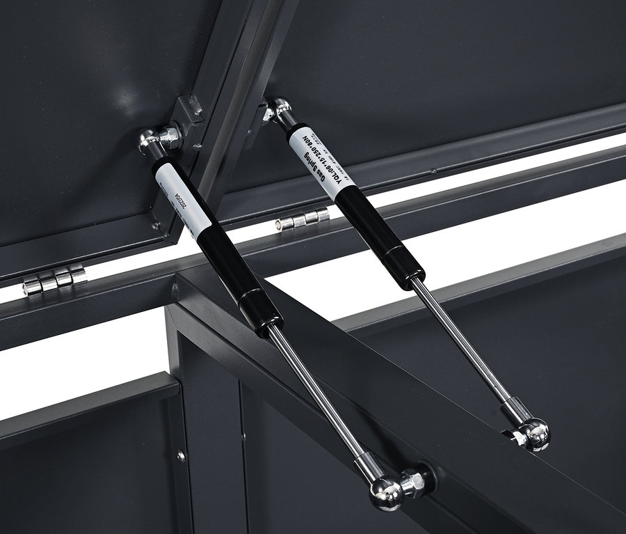 Detailansicht eines geöffneten Aufbewahrungsbehälters mit Gasdruckfedern.