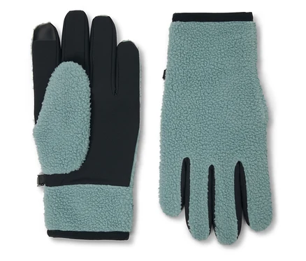 Zwei Handschuhe: einer schwarz mit türkisfarbenem Fleece-Einsatz auf der Handfläche, der andere türkisfarbener Fleece.