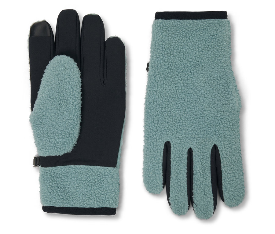 Zwei Handschuhe: einer schwarz mit türkisfarbenem Fleece-Einsatz auf der Handfläche, der andere türkisfarbener Fleece.