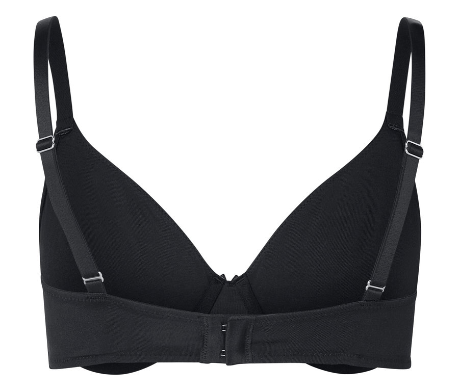 Detailansicht der Rückseite eines schwarzen BHs mit verstellbaren Trägern und Hakenverschluss.