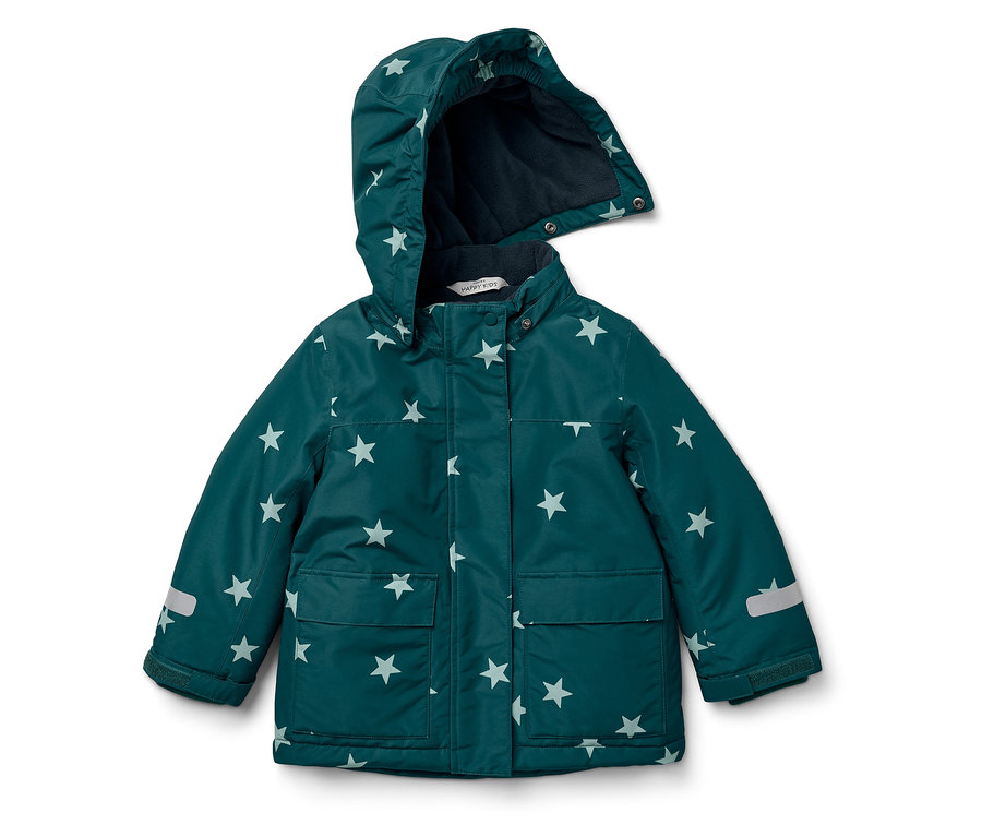 Grüne Kinderjacke mit Kapuze und weißen Sternen.