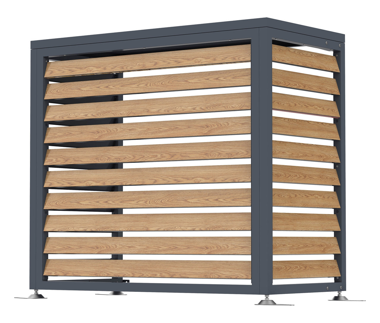 Dunkelgrauer Sichtschutz mit horizontalen Holzlatten.