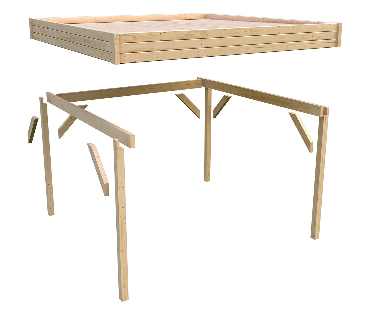 Draufsicht eines Holzrahmens mit einer teilweise montierten Holzrahmenstruktur darunter.