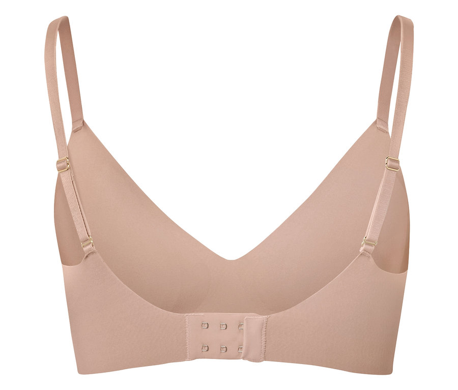Rückansicht eines hautfarbenen BHs mit verstellbaren Trägern und Hakenverschluss.