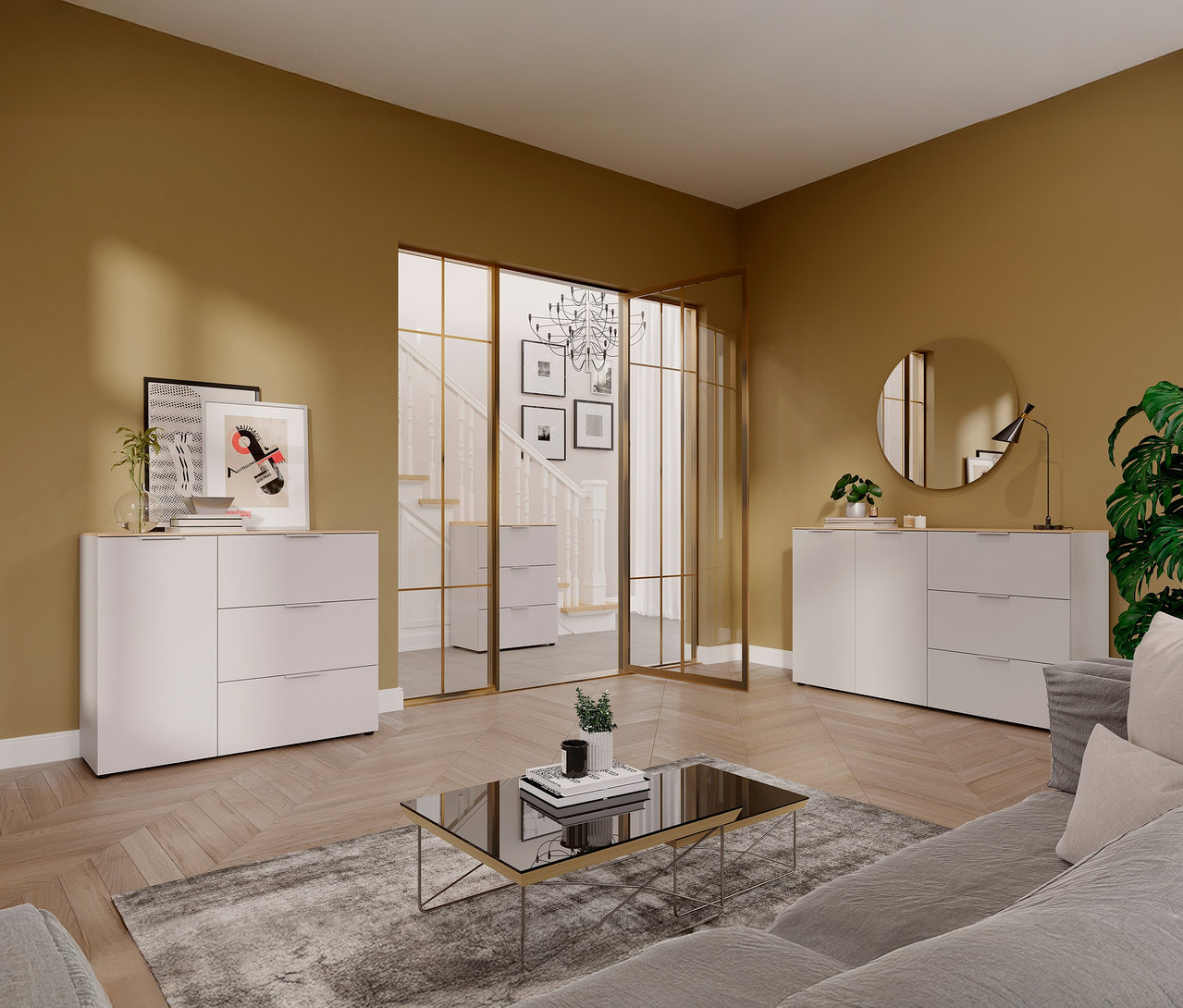 Wohnzimmer mit kleinem, kaschmirfarbenem/eichenfarbenem »Savoca« Sideboard.