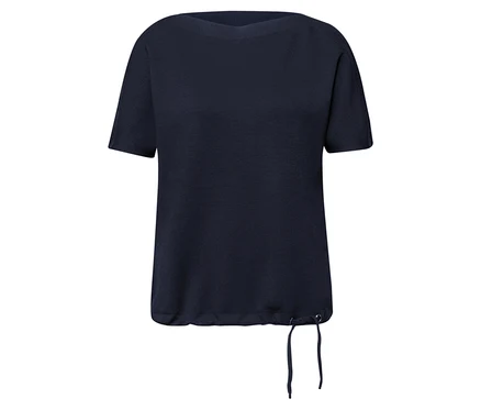 Navyblaues Street One Kurzarmshirt mit weitem Ausschnitt und Kordelzug am Saum.
