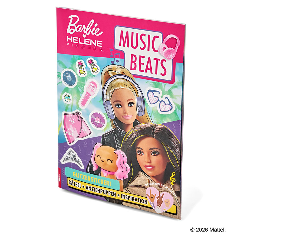Das Barbie Helene Fischer Music Beats Stickerheft zeigt zwei Barbie-Puppen und Aufkleber mit Musikmotiven.