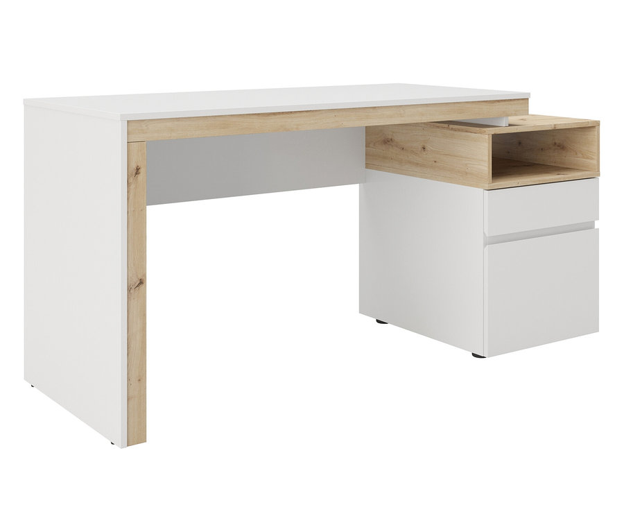 Weißer Schreibtisch mit Holzdetails und zwei Schubladen.