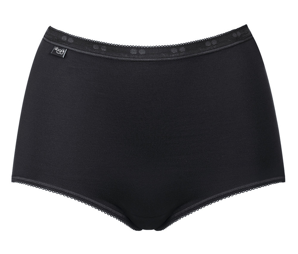 Schwarzer Damenslip mit Spitzenbesatz auf weißem Hintergrund.