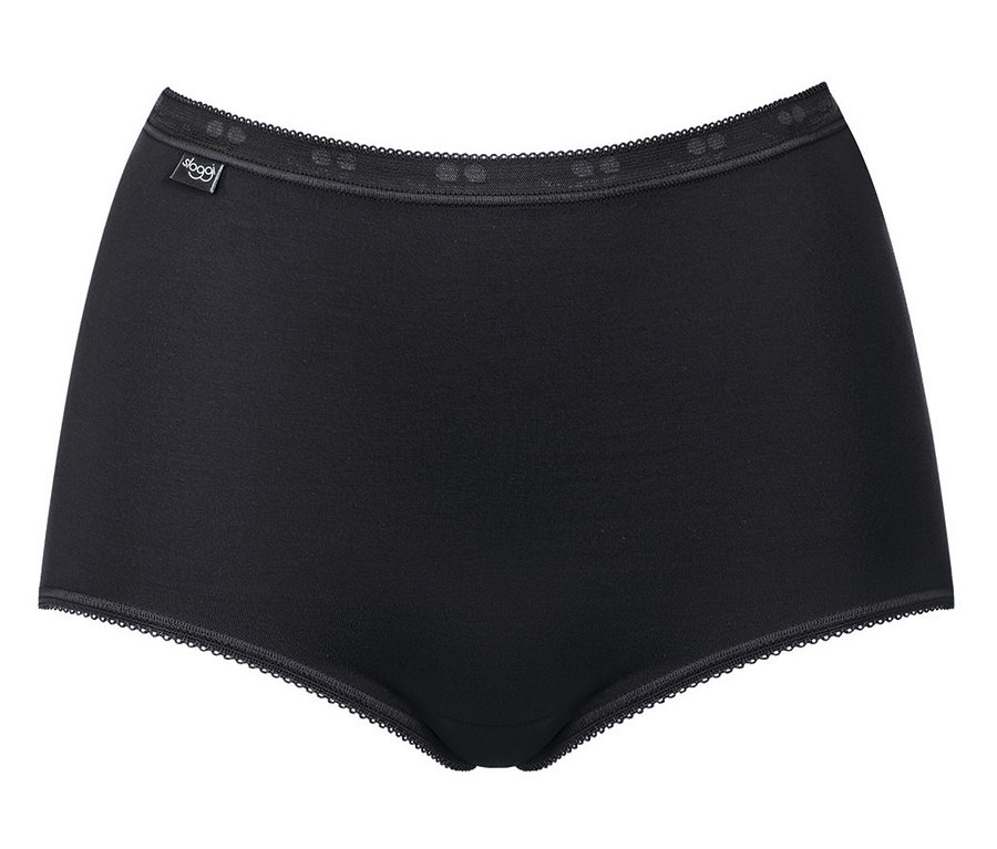 Schwarzer Damenslip mit Spitzenbesatz auf weißem Hintergrund.