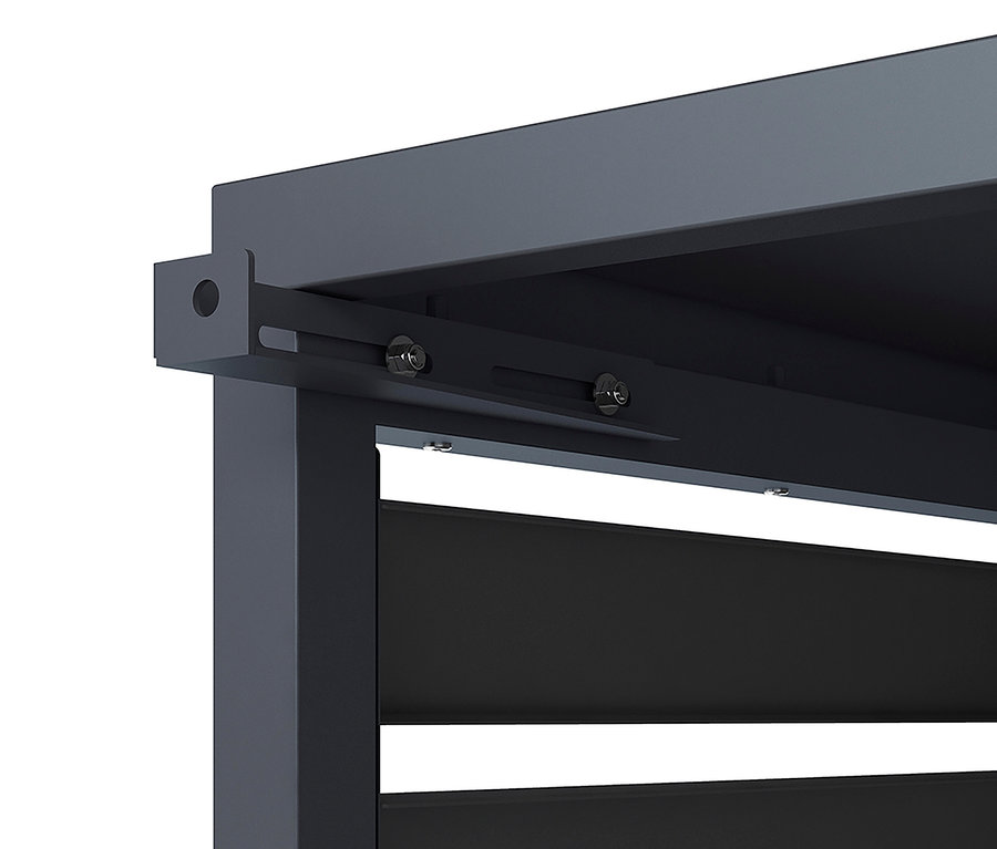 Detailansicht einer grauen Terrassenüberdachung mit horizontalen Lamellen und silbernen Schrauben.