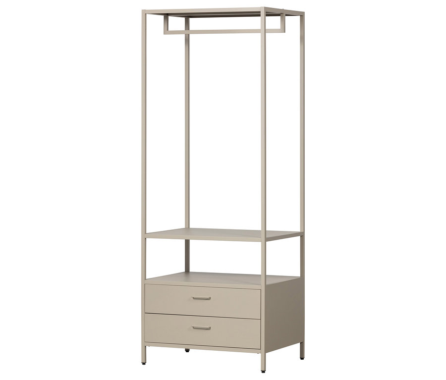 Beiger Kleiderschrank mit zwei Schubladen, einem Regal und einer Kleiderstange.
