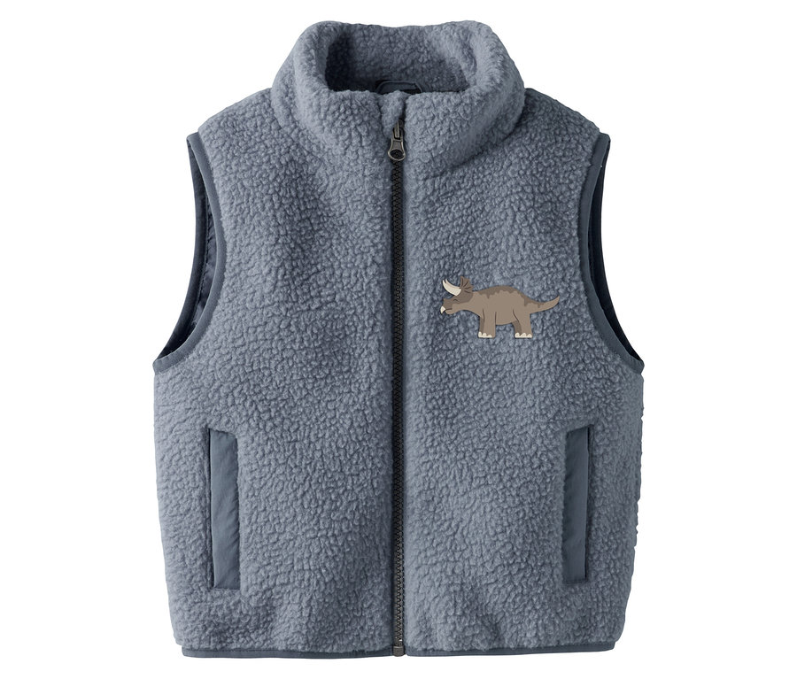 Graue NAME IT Teddyweste mit Reißverschluss und Dino-Applikation.