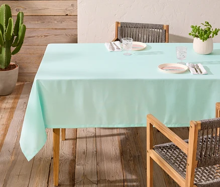 Esstisch mit helltürkiser Tischdecke, Gedeck und Kaktus im Topf.