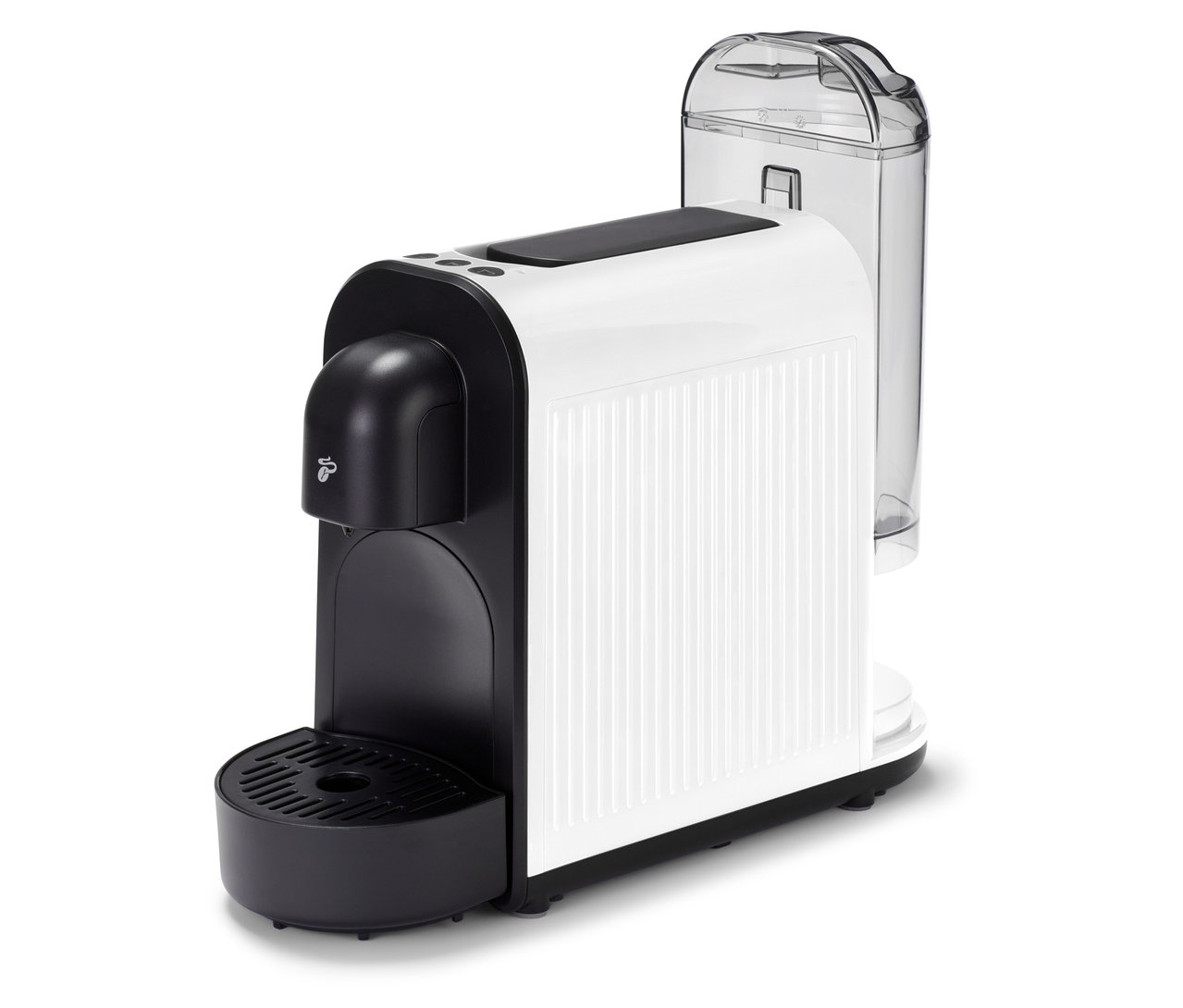 Weiße Cafissimo now white Kapselmaschine mit schwarzem Auslauf und transparentem Wassertank.