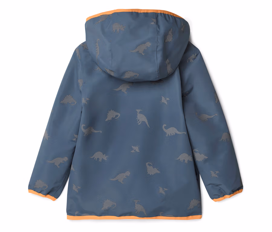 Blau-graue Jacke mit Kapuze und Dinosaurier-Muster, orangefarbene Säume an Kapuze, Ärmeln und Saum.