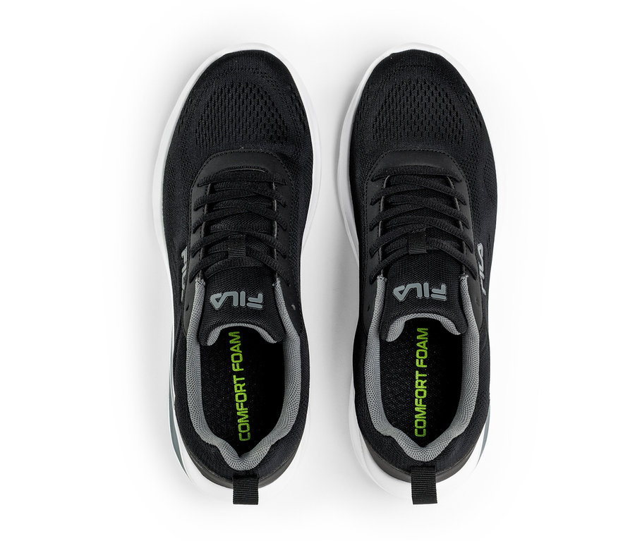Zwei schwarze FILA Specctris Herren-Sneaker mit weißer Sohle und grauer Innensohle, von oben gesehen.