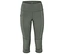 Nahaufnahme einer grauen, dreiviertellangen Leggings mit hoher Taille und seitlicher Tasche.