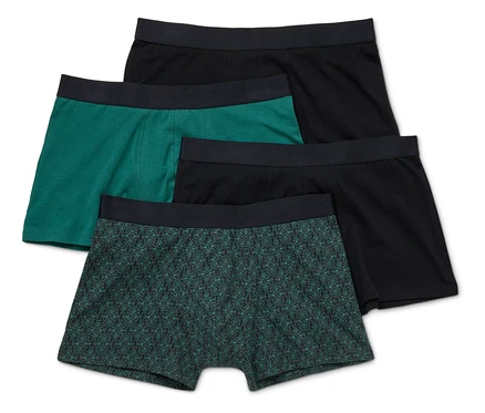 Draufsicht von vier Herren Boxershorts in Schwarz, Grün und mit Muster.