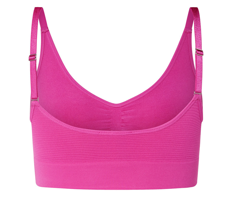 Rückansicht eines pinkfarbenen Sport-BHs mit verstellbaren Trägern.