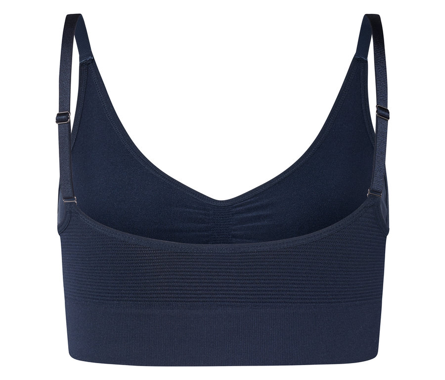 Rückansicht eines dunkelblauen BHs mit verstellbaren Trägern.