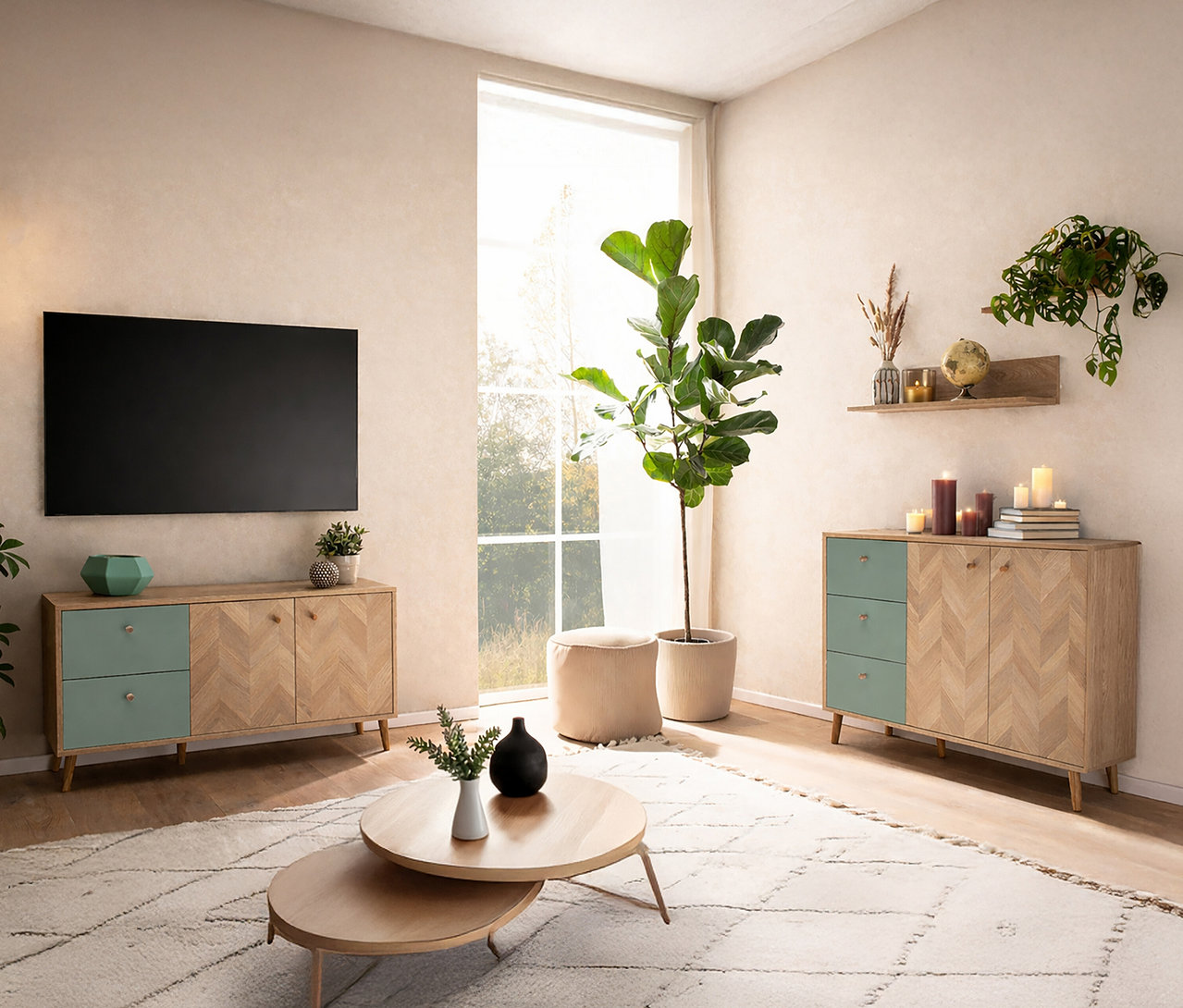 Wohnzimmer mit TV, Sideboards mit blaugrünen Schubladen, runden Couchtischen und Zimmerpflanzen.